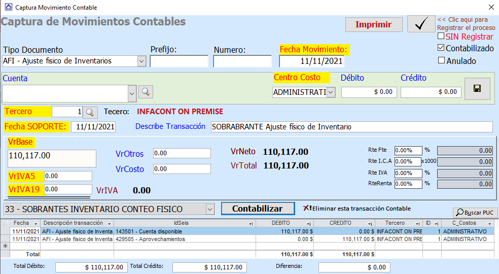 Contabilizar Sobrantes Faltantes